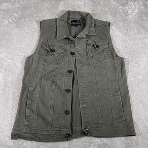 Rude Vest Mens Small Olive Green Skull Graphic Button Front Punk Skater Y2K